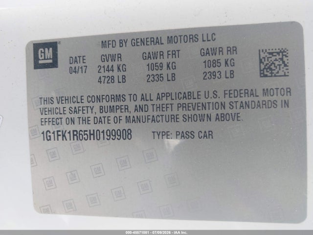 Продажа на аукционе авто 2017 Chevrolet Camaro Zl1, vin: 1G1FK1R65H0199908, номер лота: 45571081