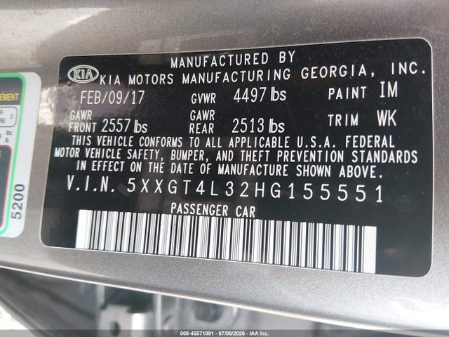 2017 Kia Optima Lx მანქანა იყიდება აუქციონზე, vin: 5XXGT4L32HG155551, აუქციონის ნომერი: 45571091