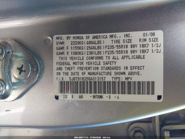 45571113 :رقم المزاد ، 5J8TB18258A013157 vin ، 2008 Acura Rdx مزاد بيع