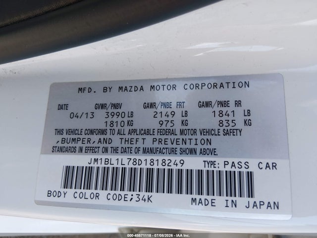 2013 Mazda Mazda3 I Touring მანქანა იყიდება აუქციონზე, vin: JM1BL1L78D1818249, აუქციონის ნომერი: 45571118
