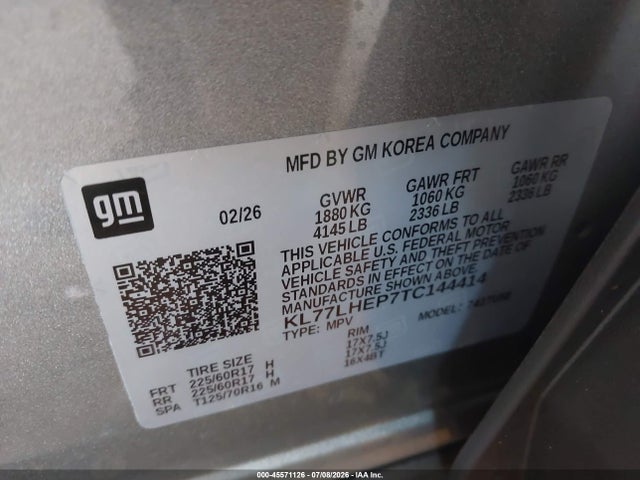Продажа на аукционе авто 2026 Chevrolet Trax Fwd Lt, vin: KL77LHEP7TC144414, номер лота: 45571126