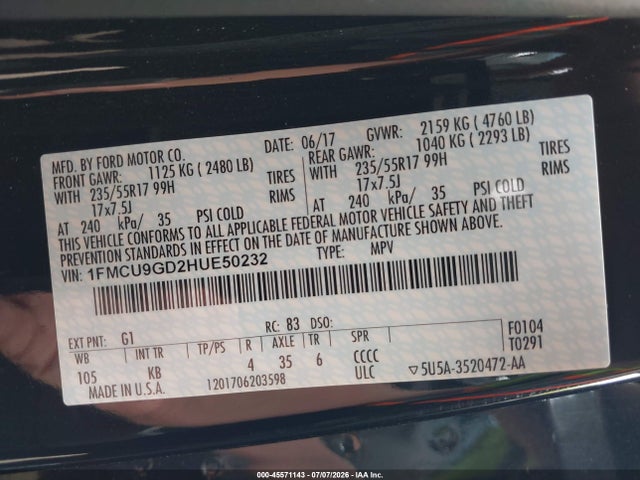 1FMCU9GD2HUE50232 Ford ESCAPE SE