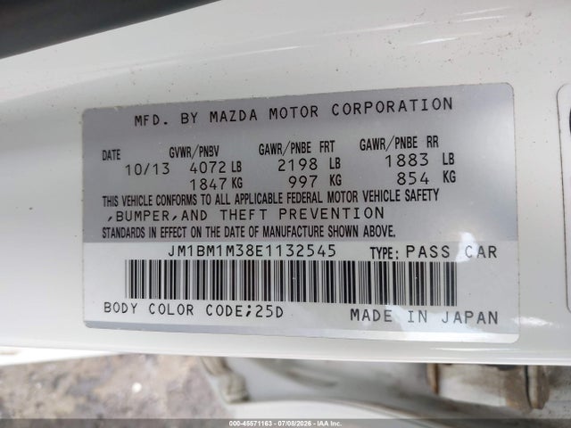 45571163 :رقم المزاد ، JM1BM1M38E1132545 vin ، 2014 Mazda Mazda3 S Grand Touring مزاد بيع