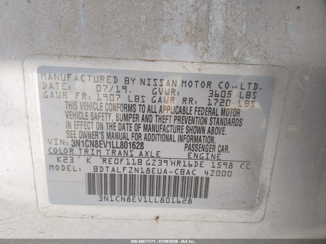 Продажа на аукционе авто 2020 Nissan Versa Sv Xtronic Cvt, vin: 3N1CN8EV1LL801628, номер лота: 45571171