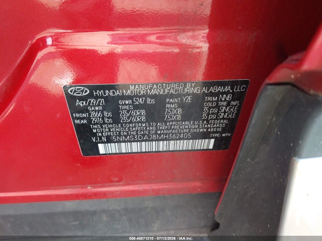 Aukcja sprzedaży 2021 Hyundai Santa Fe Sel, vin: 5NMS3DAJ8MH362405, numer aukcji: 45571210