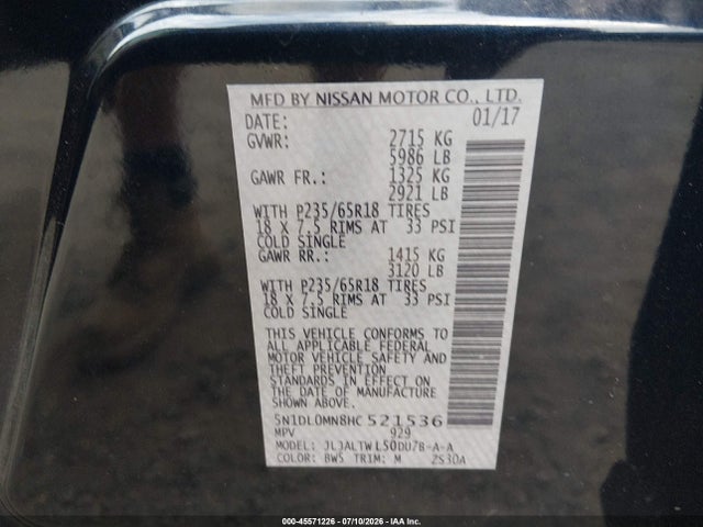 45571226 :رقم المزاد ، 5N1DL0MN8HC521536 vin ، 2017 Infiniti Qx60 مزاد بيع