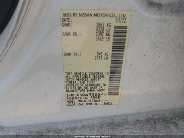 Продажа на аукционе авто 2022 Nissan Altima Sr Fwd, vin: 1N4BL4CV0NN358844, номер лота: 45571230