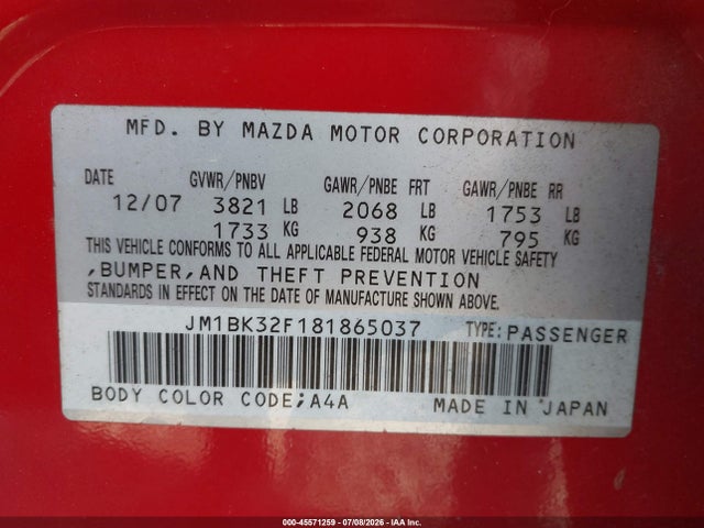 Продажа на аукционе авто 2008 Mazda Mazda3 I, vin: JM1BK32F181865037, номер лота: 45571259
