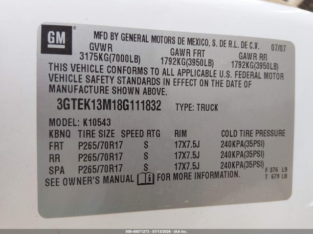 Aukcja sprzedaży 2008 Gmc Sierra 1500 Sle1, vin: 3GTEK13M18G111832, numer aukcji: 45571273