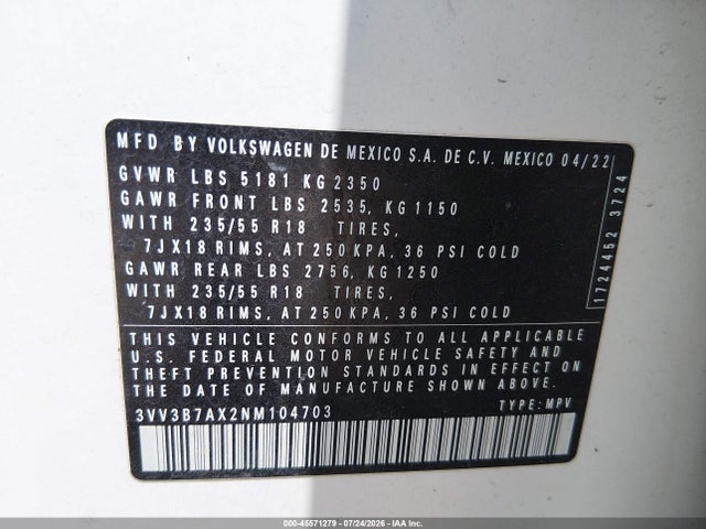 Aukcja sprzedaży 2022 Volkswagen Tiguan 2.0t Se, vin: 3VV3B7AX2NM104703, numer aukcji: 45571279