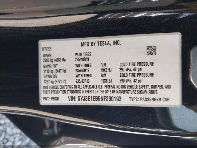 Продажа на аукционе авто 2022 Tesla Model 3 Long Range Dual Motor All-wheel Drive, vin: 5YJ3E1EB5NF290193, номер лота: 45571284