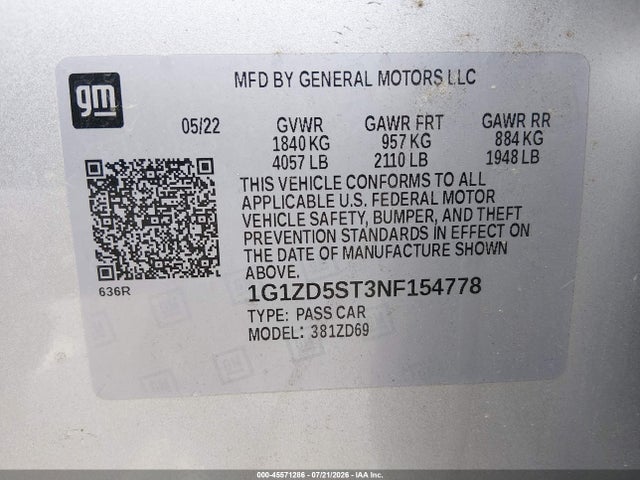 2022 Chevrolet Malibu Fwd Lt მანქანა იყიდება აუქციონზე, vin: 1G1ZD5ST3NF154778, აუქციონის ნომერი: 45571286