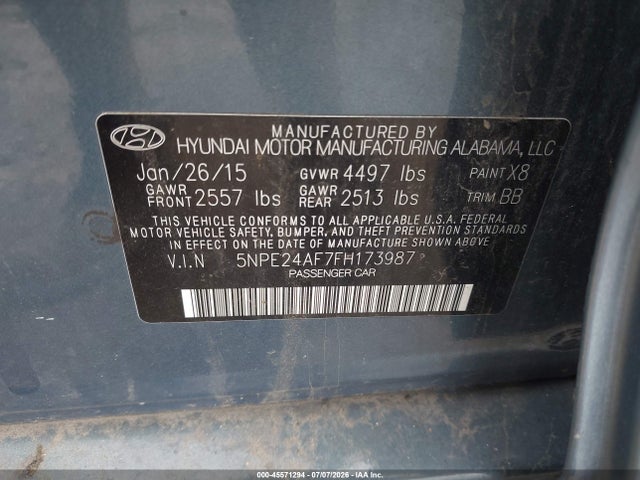Aukcja sprzedaży 2015 Hyundai Sonata Se, vin: 5NPE24AF7FH173987, numer aukcji: 45571294