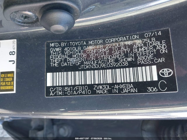 Toyota Prius Two 2014 JTDKN3DU9E0392038 Image 9