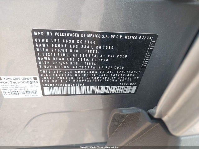 Aukcja sprzedaży 2024 Volkswagen Taos 1.5t S, vin: 3VV8X7B27RM061993, numer aukcji: 45571305