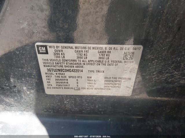 45571307 :رقم المزاد ، 3GTU2NEC0HG422014 vin ، 2017 Gmc Sierra 1500 Slt مزاد بيع