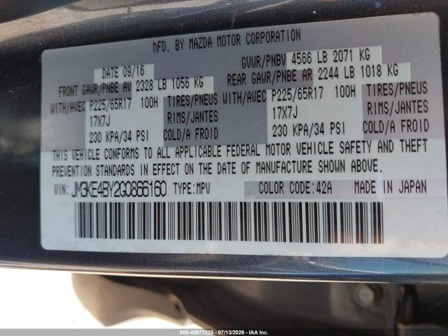 45571325 :رقم المزاد ، JM3KE4BY2G0866160 vin ، 2016 Mazda Cx-5 Sport مزاد بيع