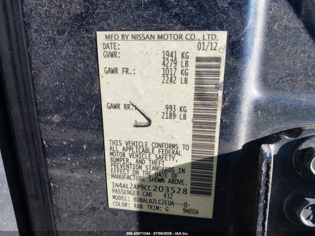 Aukcja sprzedaży 2012 Nissan Altima 2.5 S, vin: 1N4AL2AP9CC203528, numer aukcji: 45571344