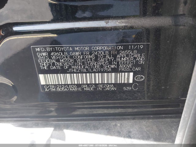 Aukcja sprzedaży 2020 Lexus Gs 350 F Sport, vin: JTHEZ1BL1LA019758, numer aukcji: 45571360
