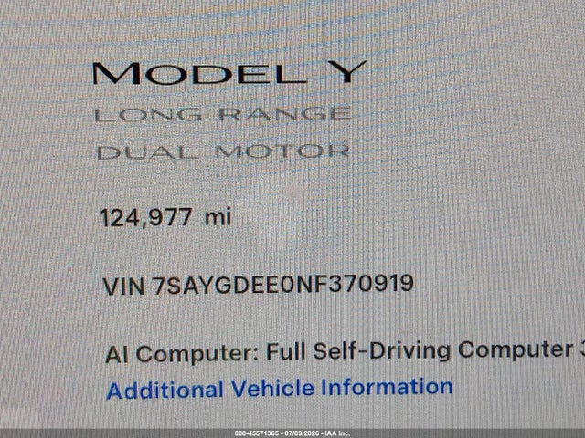 Aukcja sprzedaży 2022 Tesla Model Y Long Range Dual Motor All-wheel Drive, vin: 7SAYGDEE0NF370919, numer aukcji: 45571365