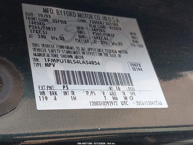 Auction sale of the 2004 Ford Expedition Eddie Bauer, vin: 1FMPU18L54LA54854, lot number: 45571366