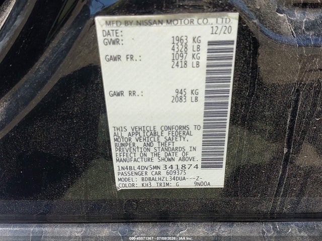 1N4BL4DV5MN341874 Nissan Altima Sv Fwd
