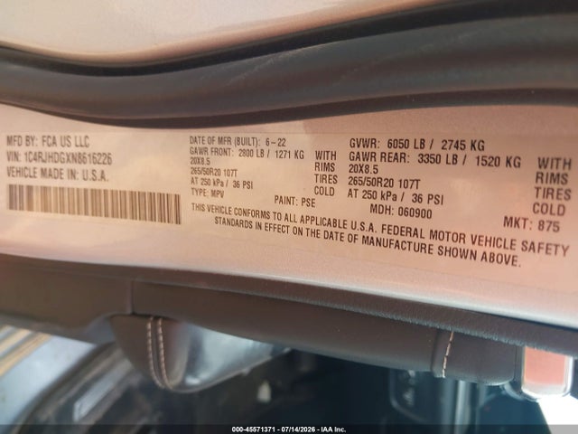 2022 Jeep Grand Cherokee Overland 4x4 მანქანა იყიდება აუქციონზე, vin: 1C4RJHDGXN8616226, აუქციონის ნომერი: 45571371