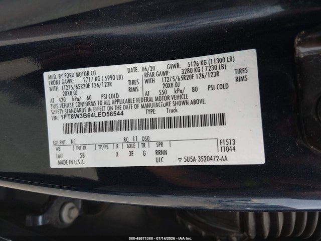 2020 Ford F-350 Lariat მანქანა იყიდება აუქციონზე, vin: 1FT8W3B64LED56544, აუქციონის ნომერი: 45571380