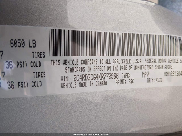Aukcja sprzedaży 2019 Dodge Grand Caravan Sxt, vin: 2C4RDGCG4KR770966, numer aukcji: 45571389