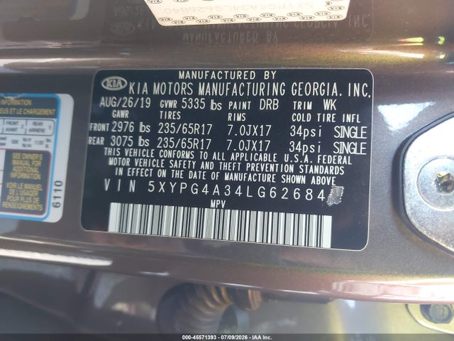 45571393 :رقم المزاد ، 5XYPG4A34LG626840 vin ، 2020 Kia Sorento 2.4l Lx مزاد بيع