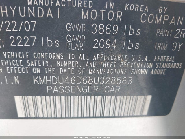 Aukcja sprzedaży 2008 Hyundai Elantra Gls/se, vin: KMHDU46D68U328563, numer aukcji: 45571399