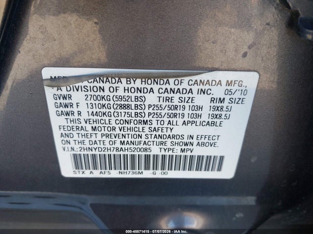 45571415 :رقم المزاد ، 2HNYD2H78AH520085 vin ، 2010 Acura Mdx Advance Package مزاد بيع