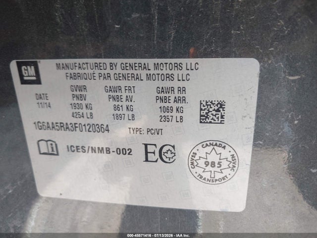 45571416 :رقم المزاد ، 1G6AA5RA3F0120364 vin ، 2015 Cadillac Ats Standard مزاد بيع