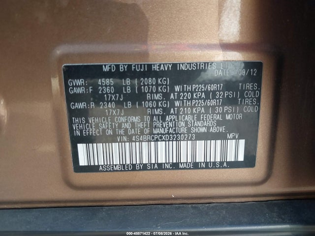 Продаж на аукціоні авто 2013 Subaru Outback 2.5i Limited, vin: 4S4BRCPCXD3230273, номер лоту: 45571422