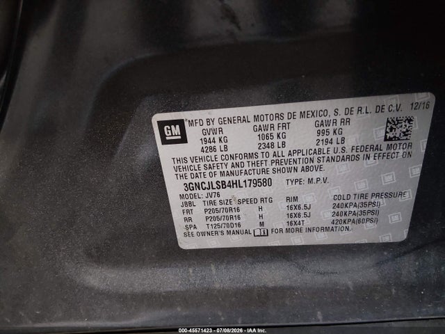 3GNCJLSB4HL179580 Chevrolet Trax Lt