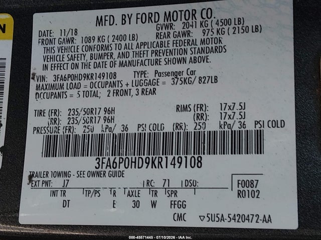 Ford FUSION SE 2019 3FA6P0HD9KR149108 Image 9