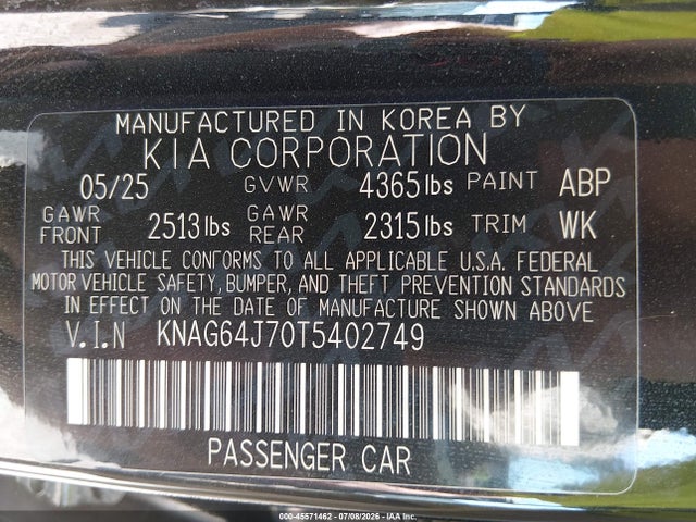 45571462 :رقم المزاد ، KNAG64J70T5402749 vin ، 2026 Kia K5 Gt-line Fwd مزاد بيع
