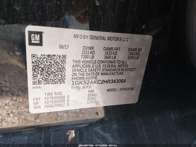 45571468 :رقم المزاد ، 1GKS2AKC2HR343064 vin ، 2017 Gmc Yukon Sle مزاد بيع