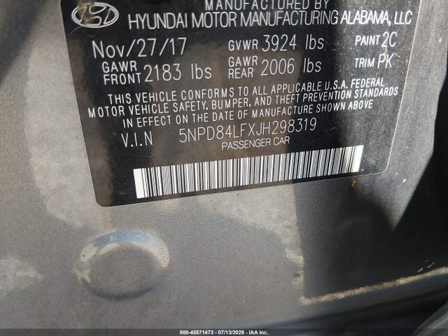 Aukcja sprzedaży 2018 Hyundai Elantra Sel, vin: 5NPD84LFXJH298319, numer aukcji: 45571473