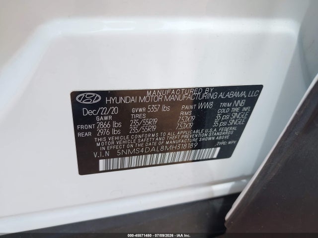 2021 Hyundai Santa Fe Limited მანქანა იყიდება აუქციონზე, vin: 5NMS4DAL8MH318189, აუქციონის ნომერი: 45571480