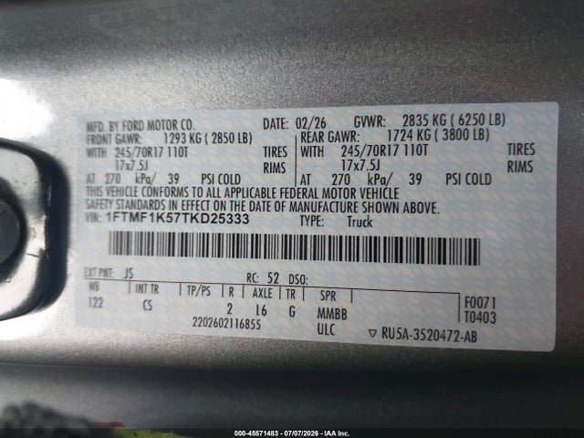 Продаж на аукціоні авто 2026 Ford F-150 Xl, vin: 1FTMF1K57TKD25333, номер лоту: 45571483
