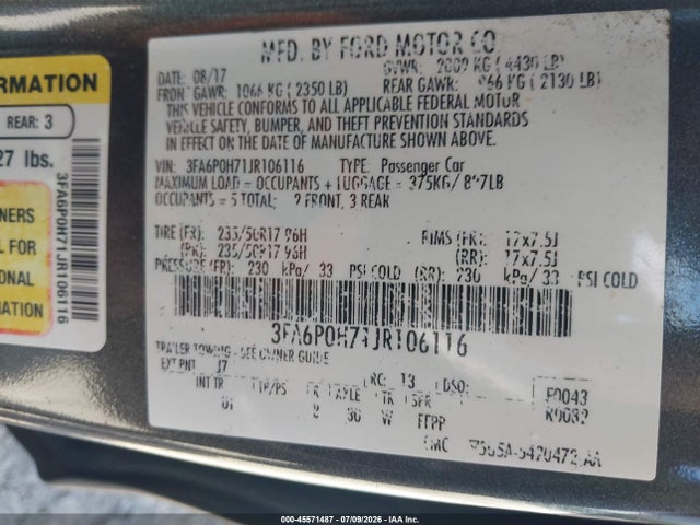 2018 Ford Fusion Se მანქანა იყიდება აუქციონზე, vin: 3FA6P0H71JR106116, აუქციონის ნომერი: 45571487