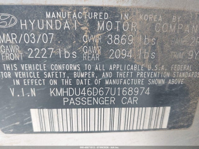 2007 Hyundai Elantra Gls/ltd/se მანქანა იყიდება აუქციონზე, vin: KMHDU46D67U168974, აუქციონის ნომერი: 45571513
