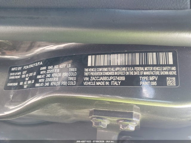 Продажа на аукционе авто 2018 Jeep Renegade Latitude Fwd, vin: ZACCJABB3JPG74069, номер лота: 45571522
