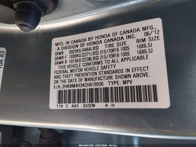 2012 Honda Cr-v Lx მანქანა იყიდება აუქციონზე, vin: 2HKRM4H34CH619936, აუქციონის ნომერი: 45571526