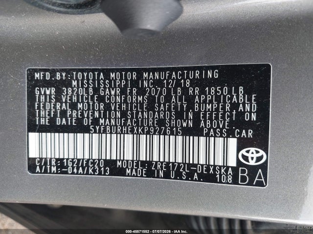 Toyota COROLLA SE 2019 5YFBURHEXKP927615 Image 9