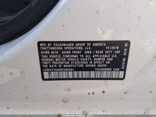 Aukcja sprzedaży 2017 Volkswagen Passat 1.8t S, vin: 1VWAT7A33HC025401, numer aukcji: 45571560