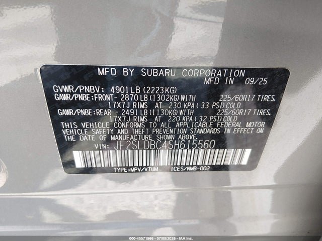 2025 Subaru Forester Premium მანქანა იყიდება აუქციონზე, vin: JF2SLDBC4SH615560, აუქციონის ნომერი: 45571566