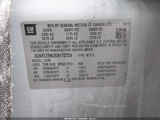 45571576 :رقم المزاد ، 2GKFLTEK2D6172724 vin ، 2013 Gmc Terrain Sle-2 مزاد بيع