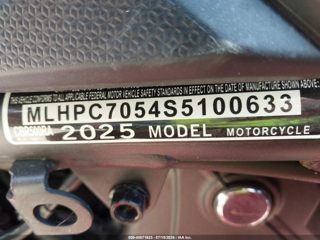 45571623 :رقم المزاد ، MLHPC7054S5100633 vin ، 2025 Honda Cbr500 Ra مزاد بيع